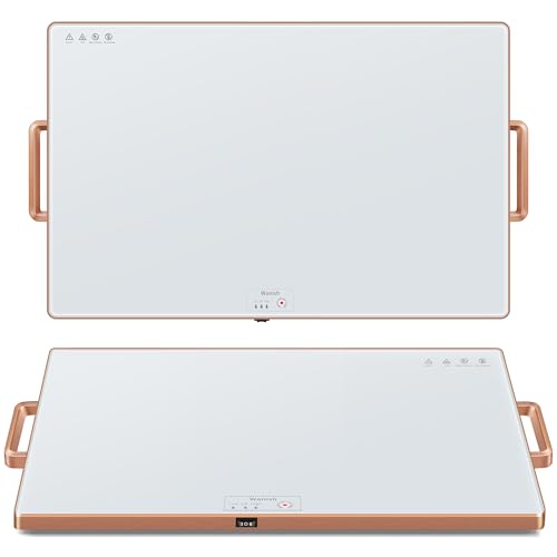 Electric Warming Tray (XXL 32”x18”)，Food Warmers for Parties Buffet with Thermostat&Full Surface Heating,Tempered Glass Warming Mat for Food, Temperature Adjustable Gold Handles Food Warming Mat,White