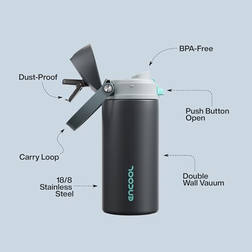 Image of Insulated Water Bottle with Straw - Encool Stainless Steel Water Bottle with Push Button Lid, Leak-Proof & BPA-Free, Keeps Cold for 24 Hours for Sports, Travel, Gym (18 oz, Tuna Grey-Green)