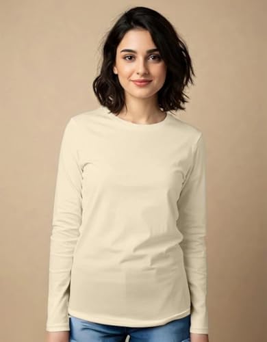 Image of JUNEBERRY Pure Cotton Round Neck Regular Fit Core Fashion Solid Full Sleeve T-Shirt for Women & Girls (Colors: Black, Cork, Green, Navy, Swanwhite & White)