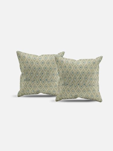Image of Pakshi Hand Block Printed Cushion Cover Set | Cushions Cover for Home & Office | 100% Cotton Fabric | Size - 16 x 16 Inches | Pack of 2 Cushion Covers | Color - White