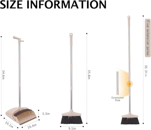 XXXFLOWER Large Broom and Dustpan Set with 54.5" Long Handle for Indoor Outdoor Home Kitchen Office Room Pet Dog Hair Lobby Wood Floor Use Upright Stand Up Broom and Dustpan Combo（Beige）