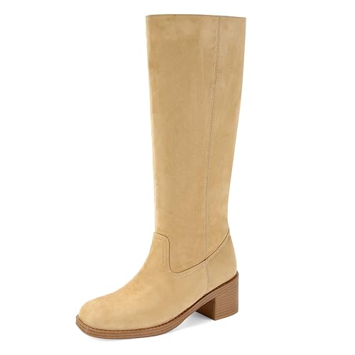 Image of DOEYG Women's Banana Knee High Boots Square Toe Chunky Block Heel Tall Boots Wide Calf Fashion Comfortable Casual Pull on Long Boots