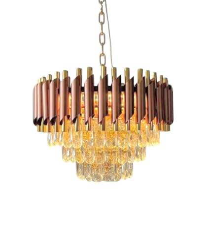 Image of Modern Ceiling Lamp 3-Tier Round Crystal Chandelier for Living Room | Modern Ceiling Light Jhumar for Hall for Home Decoration + 3 Color LED Light (Brown Gold, 400MM)
