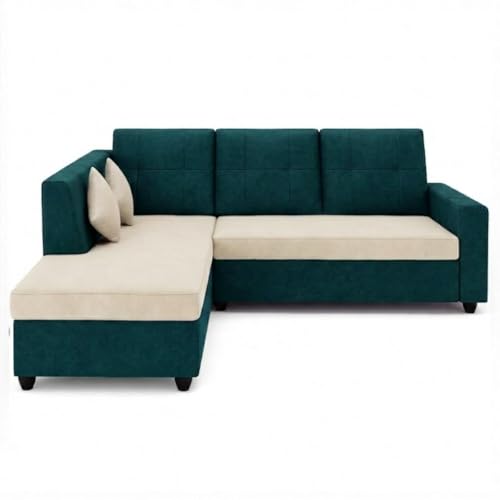 Image of FURNY Nathan 4 Seater L Shape Sofa Set LHS (Green Teal-Cream) | Suede Velvet Finish | Durable Comfort Sofa for Modern Living Room & Office Spaces