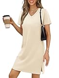 RUMIA Casual Dresses for Women Short Sleeve Summer Dress Mini Vacation Dress V-Neck Beach Sundress Beige Medium
