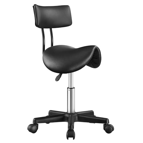 SONGMICS Sattelhocker ergonomisch Rollhocker Hocker mit Rollen höhenverstellbar Friseurstuhl 360 drehbar PU für Kosmetikstudio mit Rückenlehne tintenschwarz OSC015B101