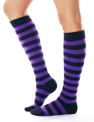FITRELL Womens Knee High Socks Athletic Stripe Cotton Tube Outdoor Sport Socks 1 Pack Black Purple Stripes