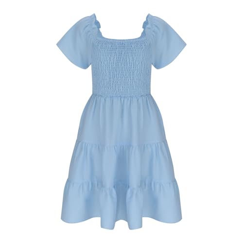 Lmdudan 2025 Girls Summer Dress Boho Casual Smocked Swing Flowy Ruffle Midi Dresses Square Neck Party Dresses 5-15 Years4
