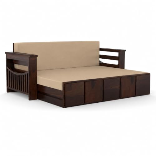 Image of Kunjal Furniture Solid Sheesham Wood Sofa Cum Bed with Storage for Living Room | Natural Finish | 3-Seater Convertible Sofa Bed | Handmade Wooden Furniture (Walnut (Beige), Contemporary)