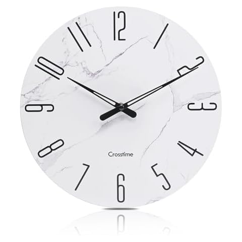 Crosstime Modern Wall Clock 12 Inch - Glass Wall Clocks Battery Operated Silent Non-Ticking for Bathroom Living Room Kitchen Decor,Marble White Cover