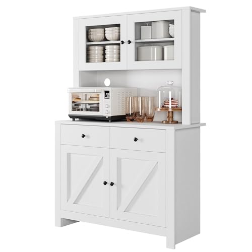 Image of IDEALHOUSE Modern Kitchen Pantry Cabinet, Microwave Storage Stand, Engineered Wood Food Organizer Cabinet with Multi Compartments, for Home Kitchen Dining Area, White Wood Grain