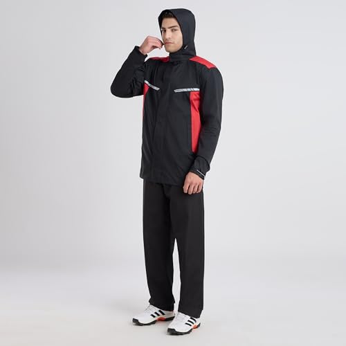 Image of ZEEL Raincoat with Adjustable Hood, Polyester Waterproof Full Sleeves, Backpack Friendly Pleate, Top and Bottom Set Rainwear, Front Zip with Snap Button Flap (EJS502, Black-Red, XXL)