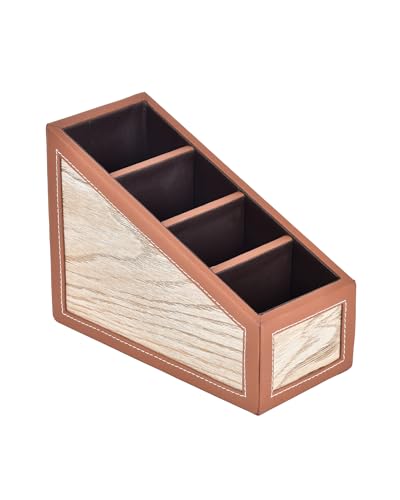 Image of Premsons Remote Holder Artificial Leather with Wooden Finish - 4 Section Tabletop Organizer for TV, AC & Office Desk Accessories - Compact & Stylish Storage Solution for Home & Office - Orange