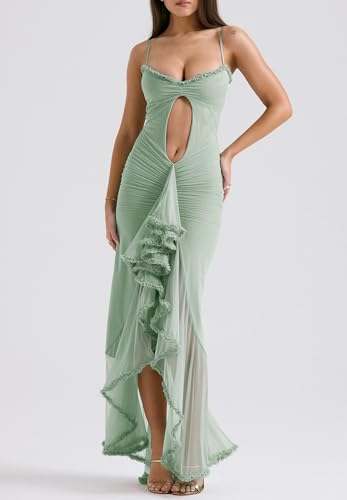 Image of houstil Women's Strap Ruffle Casual Summer Dress Mesh Beach Party Maxi Cocktail Evening Holiday Wedding Guest Dresses