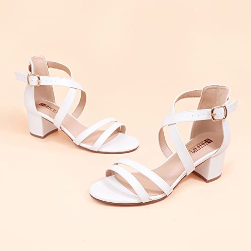 Image of IDIFU Women's Block Low Chunky Heel Strappy Sandals Open Toe Ankle Strap Dress Wedding Evening Shoe for Women Bridal
