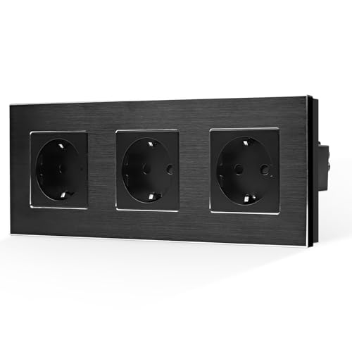 CNBINGO Aluminium Schuko Socket Flush-Mounted, Protective Contact Installation Wall Socket with Aluminium Frame, Triple Black