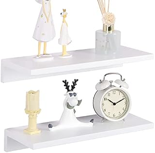 OROPY Floating Shelves Wall Mounted Set of 2, Pine Wood Wall Shelf Decorative Hanging Display Rack for Bedroom, Living Room, Kitchen, Bathroom - White