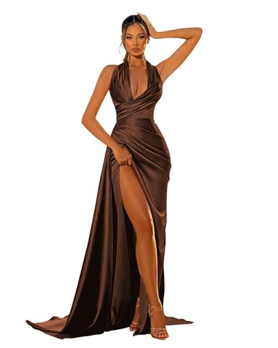 BRANCY ART Women's Long Prom Dresses with Slit Ruched Satin A-line Bridesmaid Dress Brown for Petite...