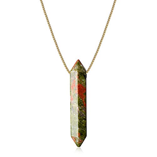 COAI Gemstone Genuine Unakite Stone Hexagonal Pointed Pendant Necklace