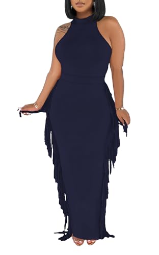 Image of 2 Piece Outfits for Women Sexy Halter Neck Sleeveless Crop Tops Ruched Bodycon Dresses Jumpsuits Fringe Skirt Sets