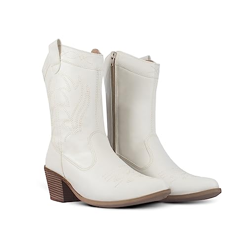 Bota Botinha Feminina Country Cano Medio Borbado (Off White, br_footwear_size_system, adult, numeric, medium, numeric_34)