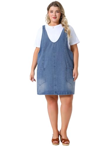 Image of Agnes Orinda Plus Size Denim Overall Dress for Women Sleeveless V Neck Denim Jumper Dress with Pocket