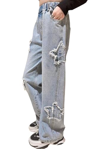 Kids Jeans Distressed Elastic Waist Baggy Wide Leg Pants Girls Star Embroidered Baggy Jeans Trousers Denim Pants2