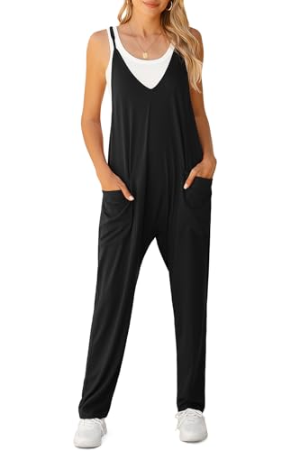 BEIGAI Damen Latzhose Arbeitshose Sommer Ärmellos Lose Overall Jumpsuit Playsuit mit Sexy V-Ausschnitt Spaghetti Träger und Großen Taschen Elegant Bequem Casual Freizeit Schwarz L