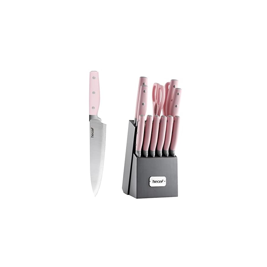 hecef Kitchen Knife Block Set, 14 Pieces Knife Set with Wooden Block & Sharpener Steel & All-purpose Scissors, High Carbon Stainless Steel Cutlery Set (Pink)