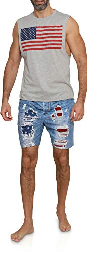 Prestigez USA Flag Men's 2 Piece Pajama Set Lounge Shorts or Pants and Sleeveless Shirt, 4th of July Independence Day