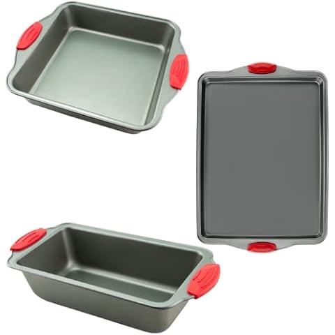 Boxiki Kitchen 3 Pcs Non Stick Steel Baking Pans Set with 8X8 Square Cake Pan, Baking Sheet & Bread Pan for Baking - Cover