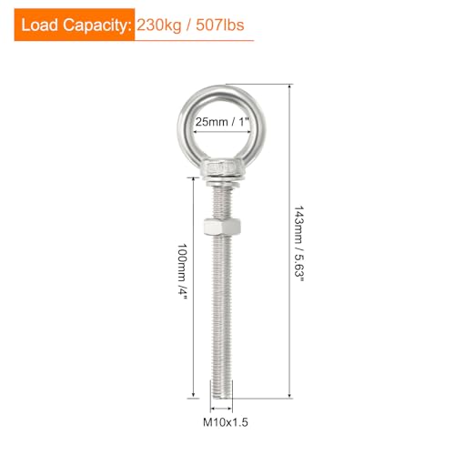 Image of uxcell M10x100 3 /8 inchx4 inch Stainless Steel Eye Bolts Threaded Screw Eyebolt Shoulder Ring with Nuts Washers for Lifting Hanging, 2 Set