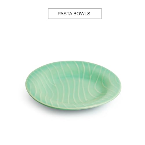 Image of ExclusiveLane 'Caribbean Green' Hand Glazed Ceramic Pasta Bowls /Plates (Microwave & Dishwasher Safe) | Hand-Etched Bowl for Serving Bowl /Plates for Kitchen Snacks Serving Bowl Ceramic Serveware