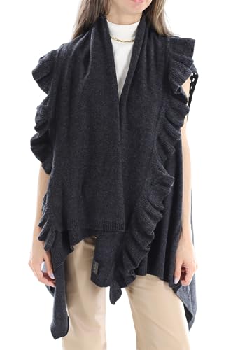 La Fiorentina Women's Knit Wool Vest w/Ruffles, Charcoal Grey