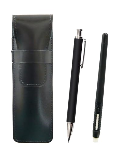 2個パック スリム牛革ペンケース黒 ペン型消しゴム 黒と押し出し成型ラバー軸真鍮ノックシャープペンセット 黒 T23-ASBMC46B-HS301S-2