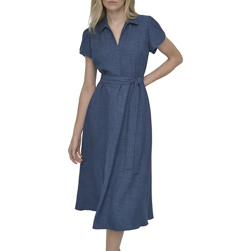 Image of DKNY Women's Short Sleeve Collared V-Neck Tie Waist Midi Dress