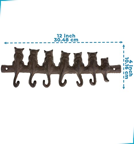 7 Cats Cast Iron Wall Mounted Hanger Rack - Decorative Cast Iron Wall Hook Rack - Vintage Design Hanger With 7 Hooks - Wall Mounted | 12.4 X 3.9” - With Screws And Anchors | Rustic Brown Color #TOP6