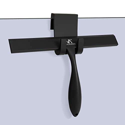 Shower Squeegee for Shower Glass Doors, Bathroom Squeegee for Shower, with No-Drilling Hanging Hook, Non-Slip Handle Silicone Squeegee for Mirror, Car, Window, Glass (Black)