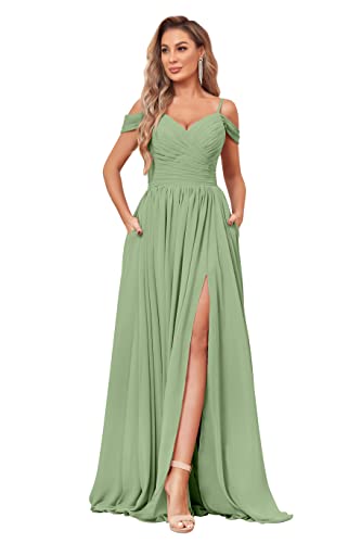 BOLENSYE Off The Shoulder Bridesmaid Dresses with Pockets Ruched Chiffon Long Slit Formal Evening Gown