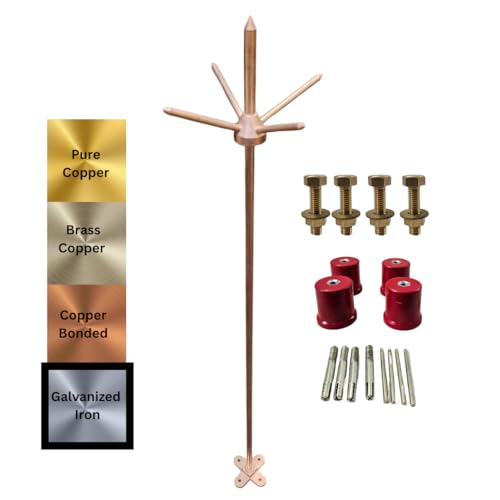 Image of Lighting Arrester for Home and Building Protection - Advanced Surge Protection - 5 Spikes | Galvanized Iron | 12 mm Dia | 1101 mm / 43 in Length | Base Plate 8.5x8.5 cm