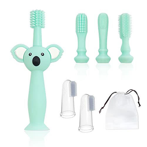 1 pc Cyan Silicone Baby Toothbrush with 4 Brush Heads, Food Grade Silicone Gum Massage Toothbrush for Tooth Cleaning, and 2 pcs Clear Finger Toothbrush and 1 Storage Bag