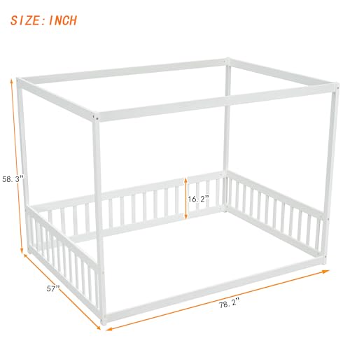 Full-Size-Canopy-Bed-Frame-with-Guardrails-for-KidsFloor-Bed-Full-with-Four-Poster-DesignKids-Montessori-Floor-BedWood-Canopy-Bed-Frame-for-GirlsBoysFullWhite Full Size Canopy Bed Frame with Guardrails for KidsFloor Bed Full with Four Poster DesignKids Montessori Floor BedWood Canopy Bed Frame for GirlsBoysFullWhite