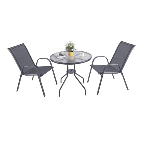 URBNLIVING 3 Piece Garden Bistro Set Round Glass Top Table & 2 Textilene Chairs Outdoor Patio Balcony Furniture Weather Resistant Metal Seating - Grey
