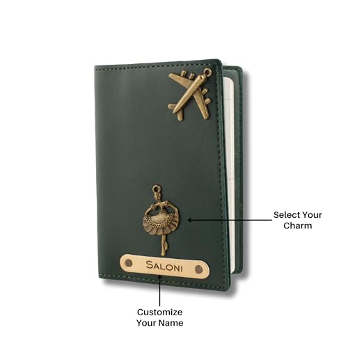 Image of AICA Personalised Name & Charm Leather Passport Cover Holder for Men & Women (DarkGreen) | Birthday Gifts for Women