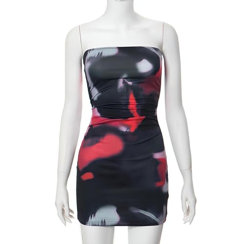 Image of Women's Sexy Bodycon Ruched Off Shoulder Mini Party Dress Tie Dye Floral Tube Strapless Backless Stretchy Club Short Dresses Red Small