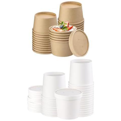 Giwrmu 50 Pack Paper Soup Cup(8 oz & 16 oz Each of 25 Pack), Paper Food Containers with Lids, Kraft Ice Cream Container for Soups, Stews, Ice Creams, Sorbet and Salads Cover