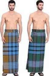 Men's Cotton Lungi with Colored Border (White, Standard) -Set of 2 Pcs