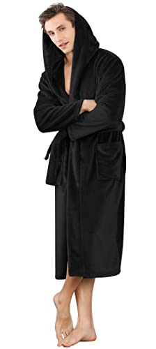 Yimanie Mens Flannel Robe Hooded Plush Shawl Long Bathrobe Sleepwear Black #TOP3