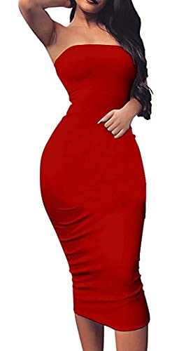 Cinyifaan Women s Basic Tube Top Sleeveless Sexy Bodycon Strapless Midi Club Party Dress