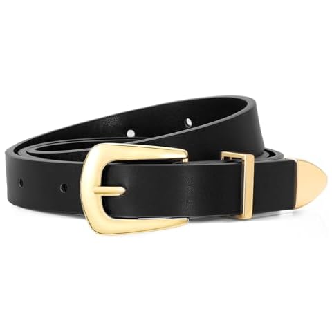 VONMELLI Women Skinny Leather Belt for Jeans Dress Black Thin Waist Belt Ladies Belt with Gold Buckle, S Cover